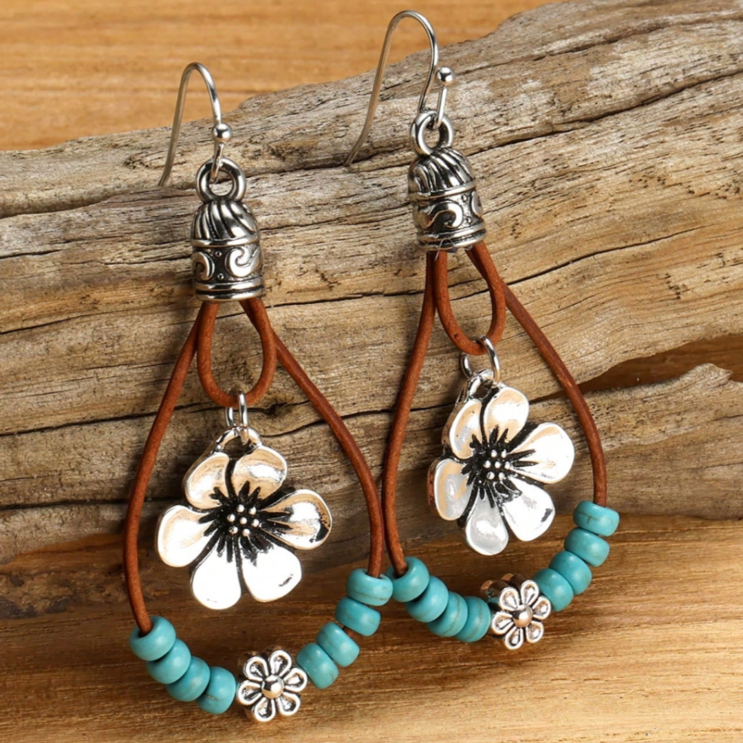 Orecchini Boho Argento Fiore Turchese