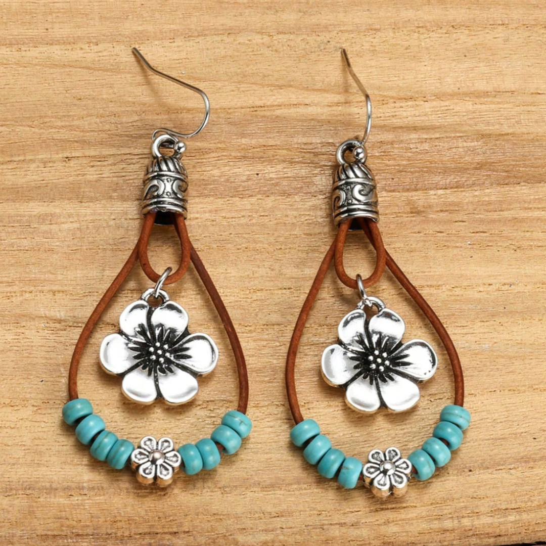 Orecchini Boho Argento Fiore Turchese