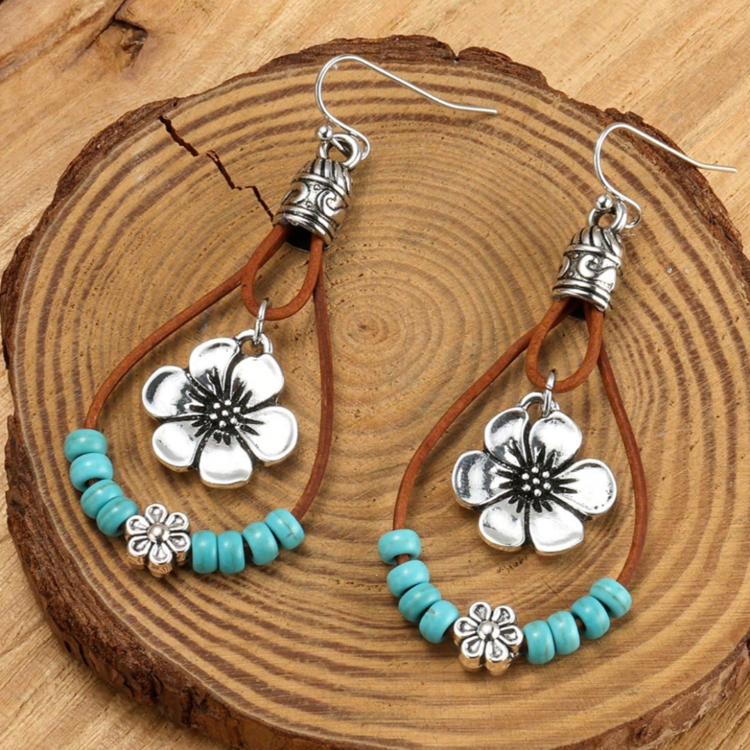 Orecchini Boho Argento Fiore Turchese