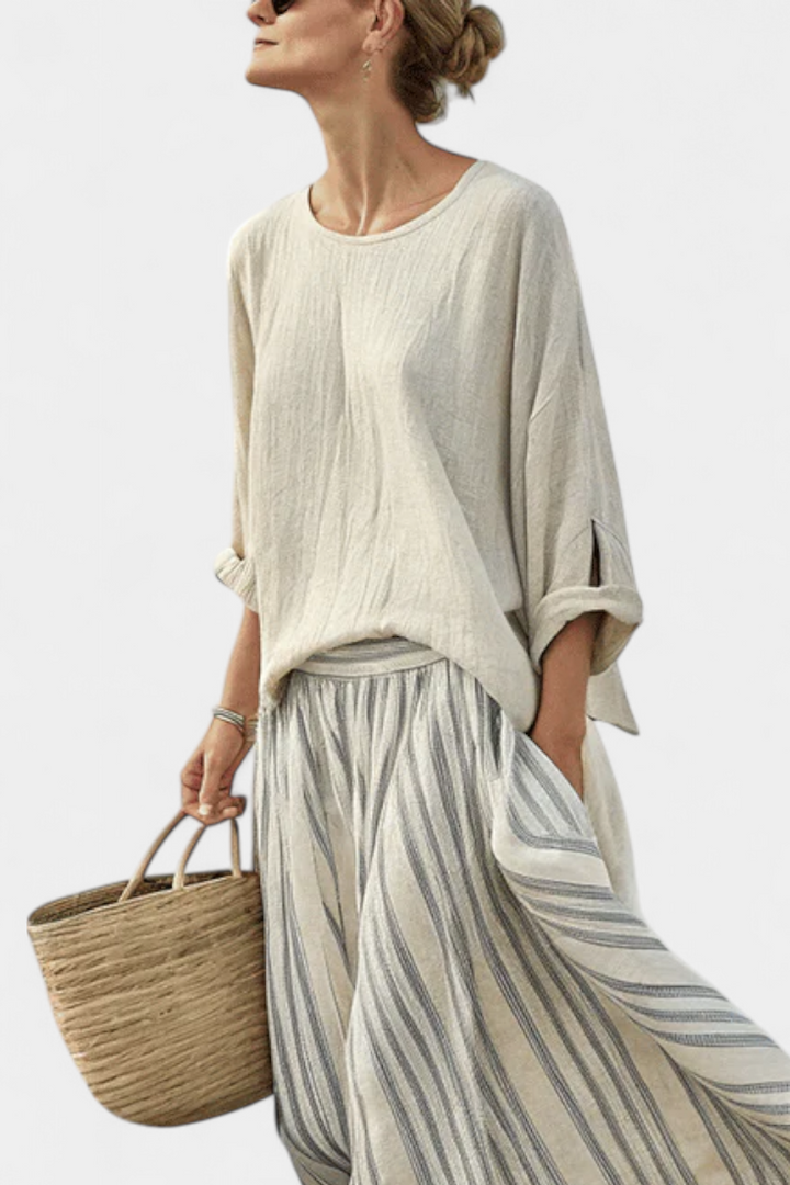 Aurcyn | Blusa Comoda e Larga & Gonna Midi a Righe