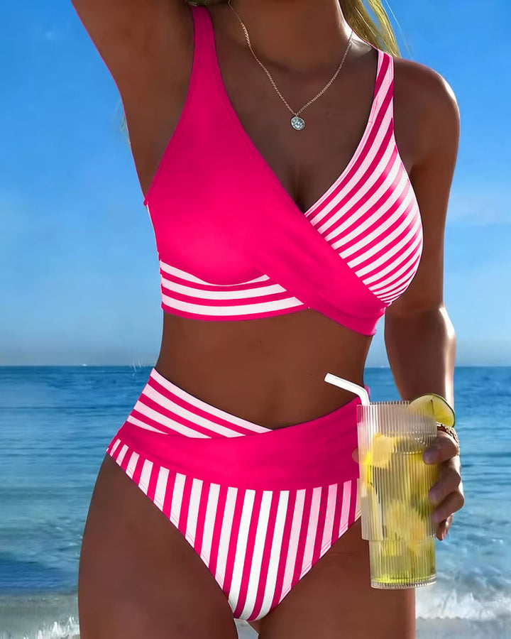 Bikini Incrociato a Righe Stampato