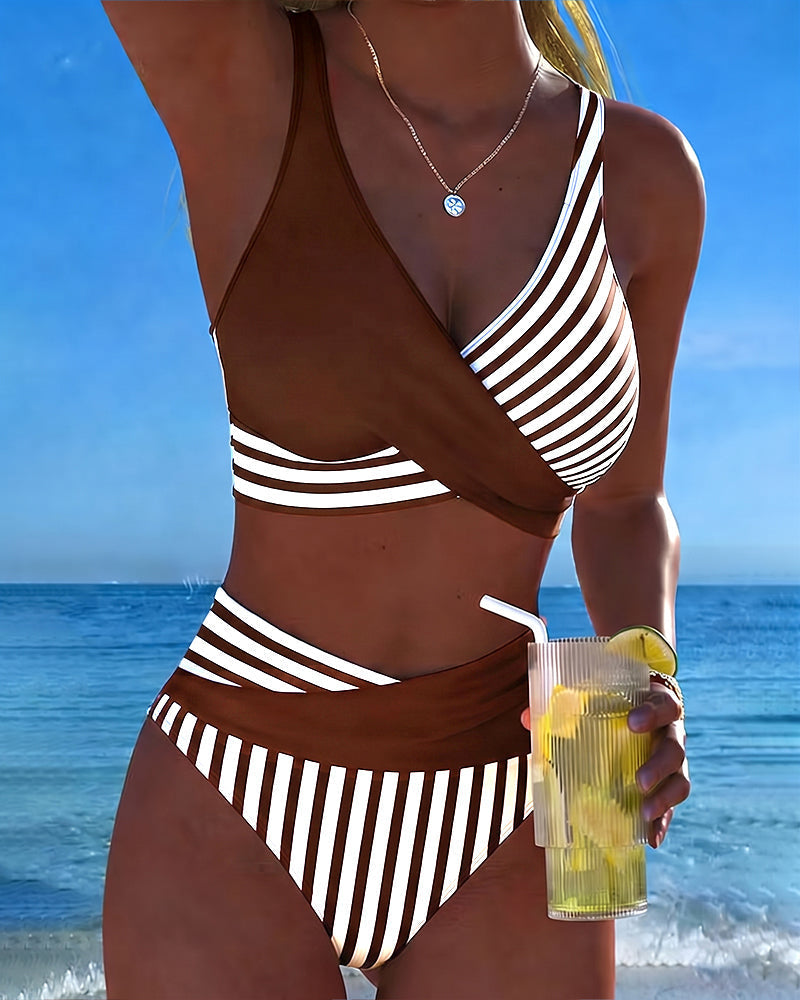Bikini Incrociato a Righe Stampato