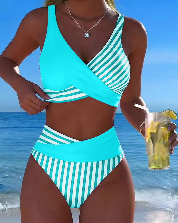 Bikini Incrociato a Righe Stampato