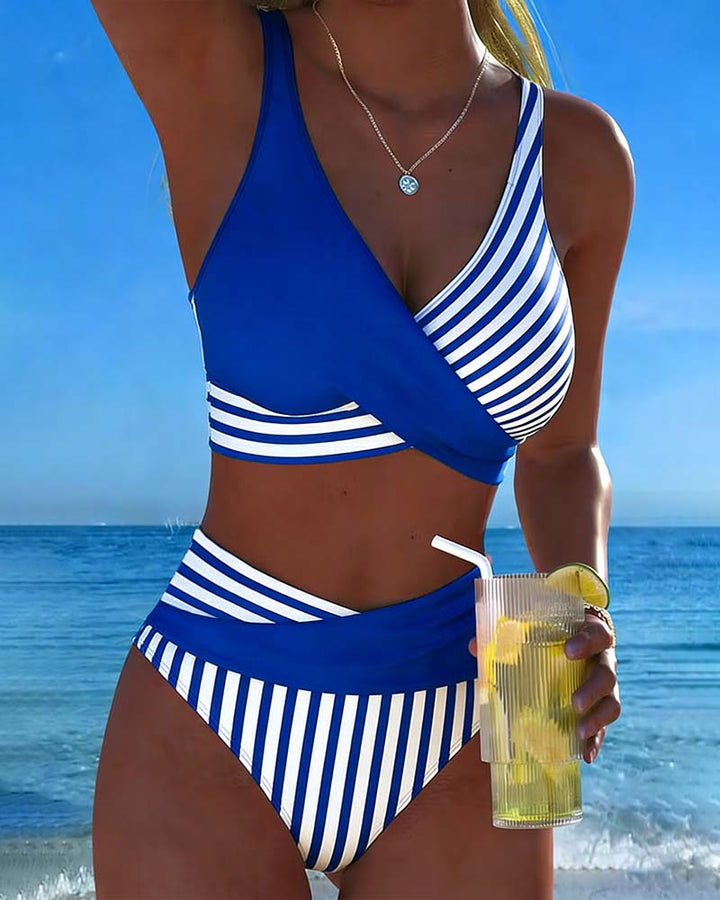 Bikini Incrociato a Righe Stampato