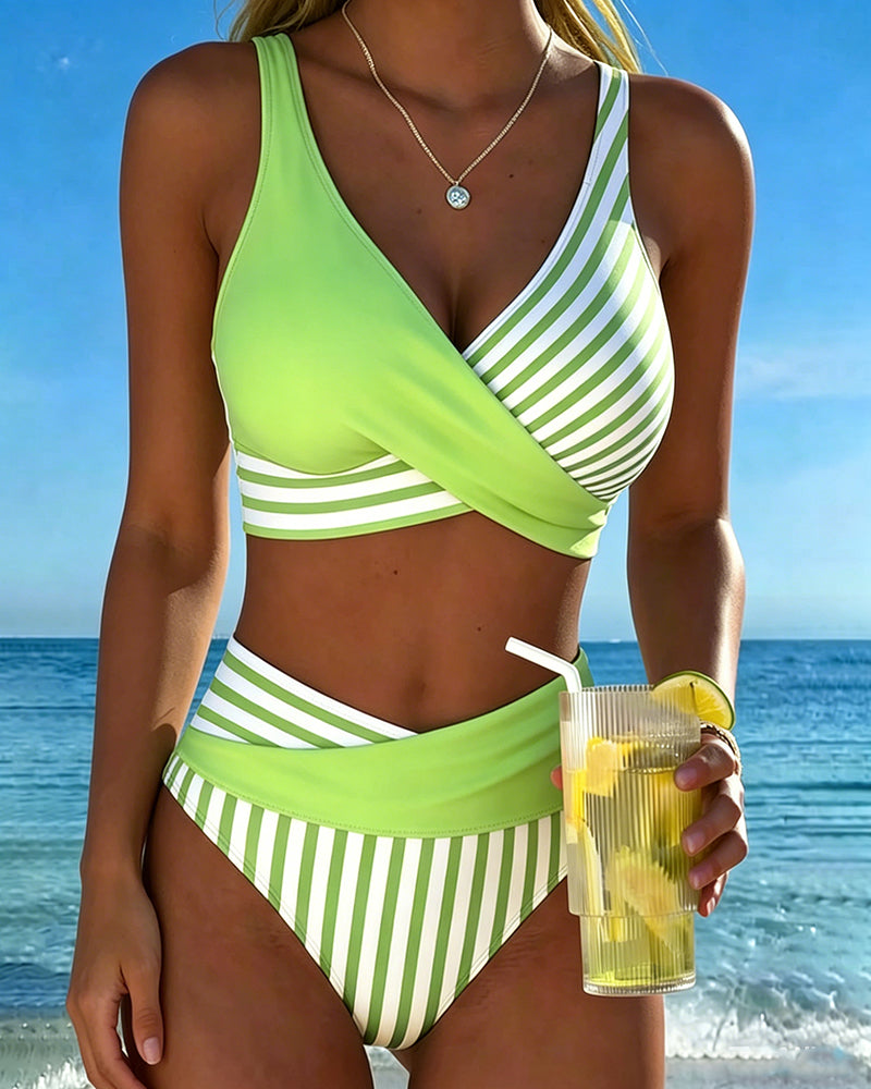 Bikini Incrociato a Righe Stampato