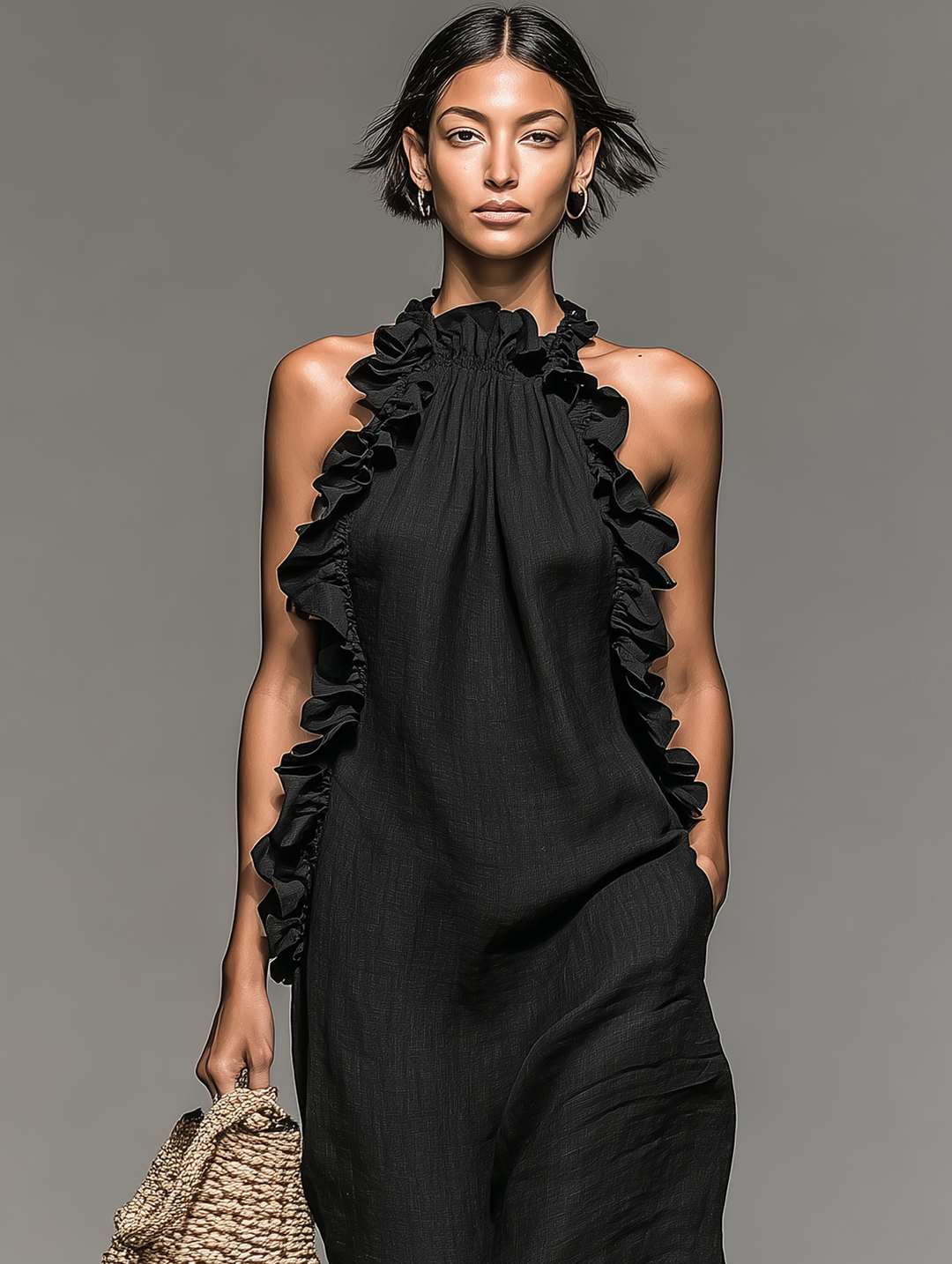Abito Maxi Senza Maniche in Lino Minimalista da Donna con Rouches