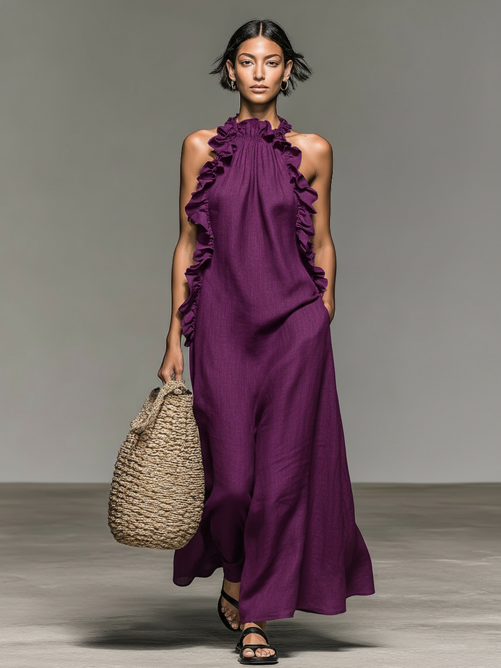 Abito Maxi Senza Maniche in Lino Minimalista da Donna con Rouches