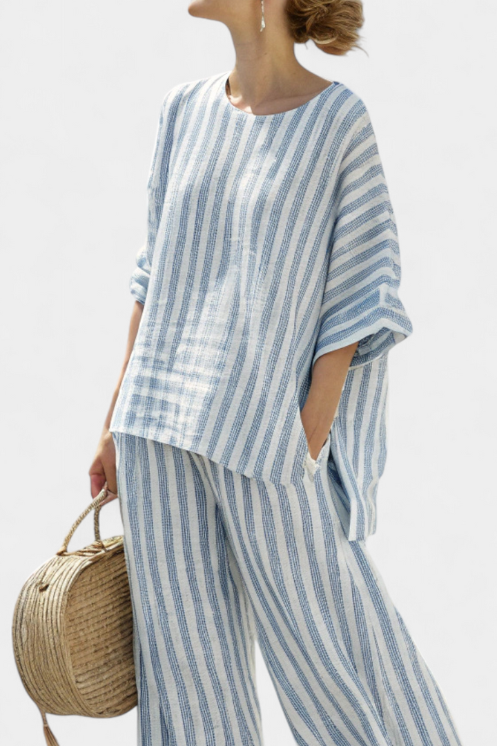 Rensleigh | Top in Lino Blu Striato Sofisticato & Pantaloni Relaxed