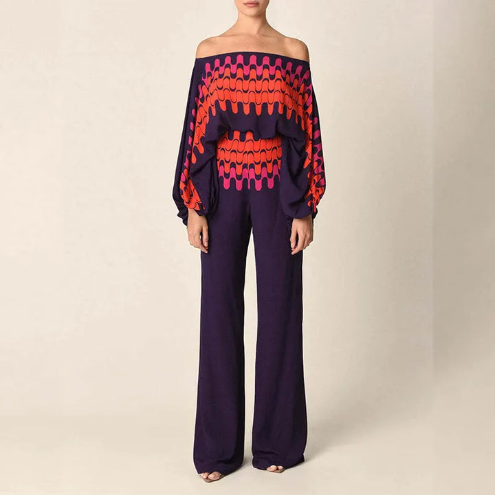 Wave Print Off-Shoulder Two-Piece Set