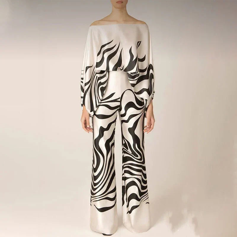 Wave Print Off-Shoulder Two-Piece Set