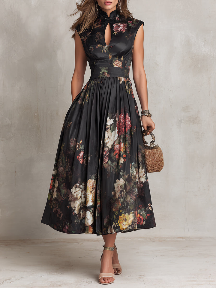 Violetta - Vestito midi nero in raso plissé con motivo floreale e colletto con foro a forma di chiave