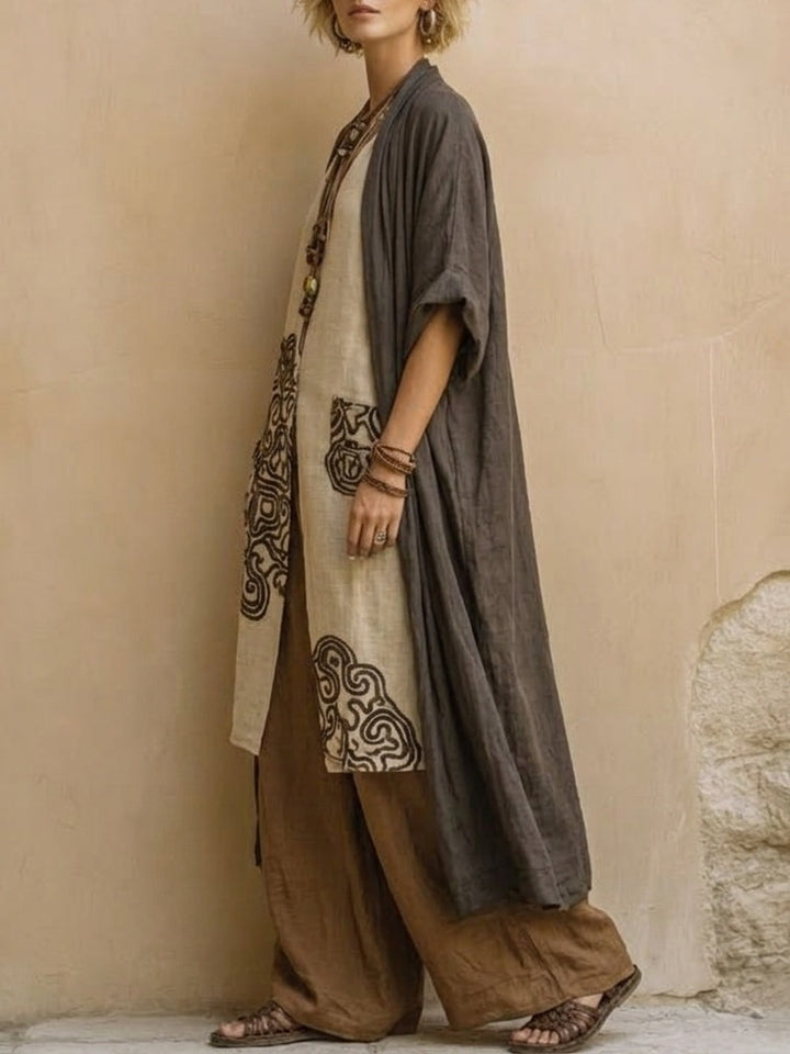 Giulia - Set Tre Pezzi Bohemien Nomade Grigio Scuro e Marrone con Motivo Tribale