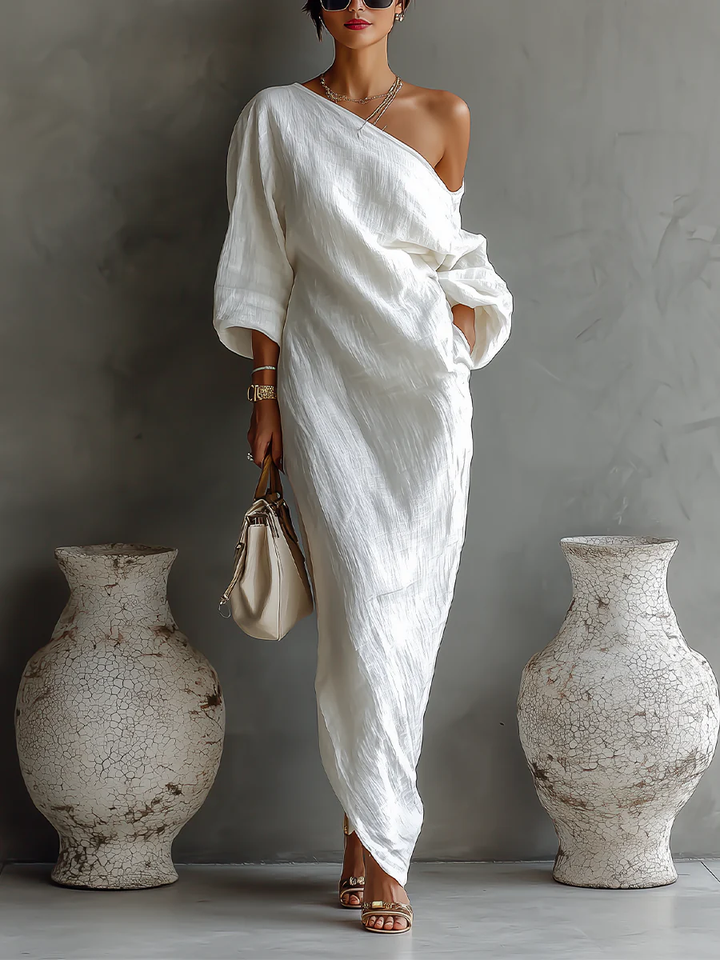 Elise™ | Elegante abito maxi a spalla unica in bianco