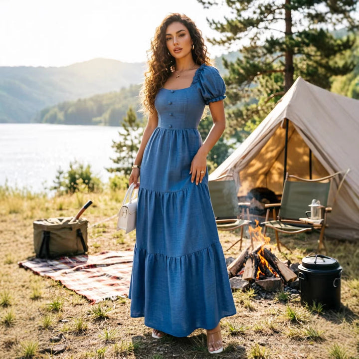 Abito Maxi a Maniche Corte in Stile Resort per Donna