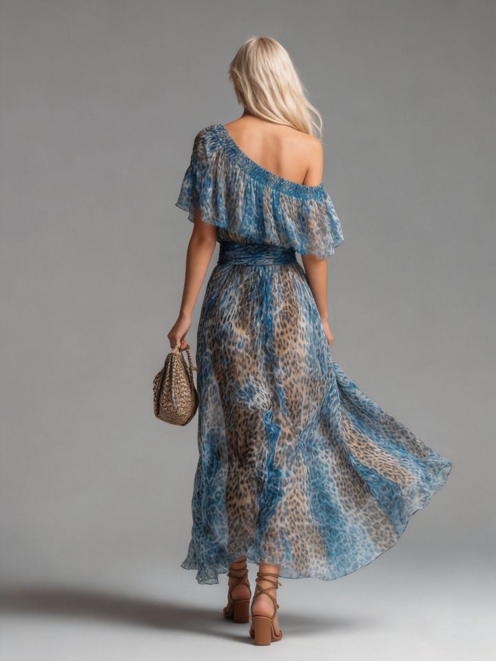 Selvaggia - Abito lungo in chiffon con stampa leopardata e spalle scoperte