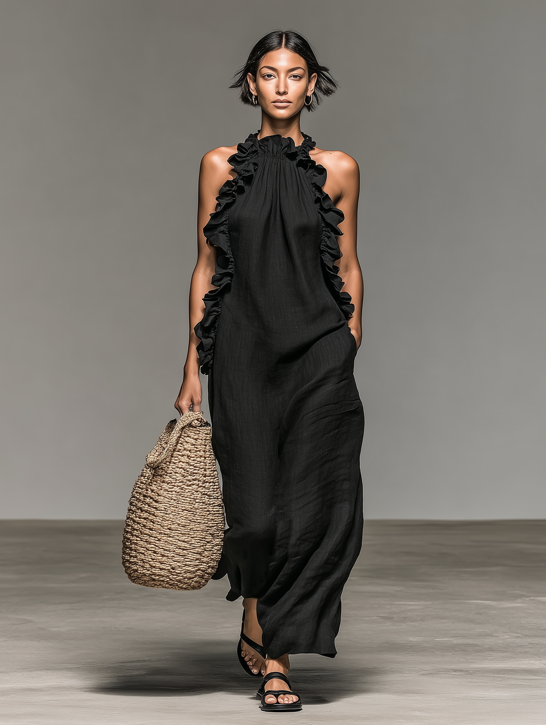 Abito Maxi Senza Maniche in Lino Minimalista da Donna con Rouches
