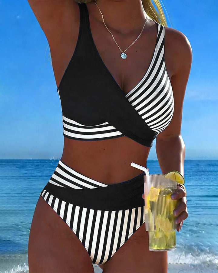 Bikini Incrociato a Righe Stampato