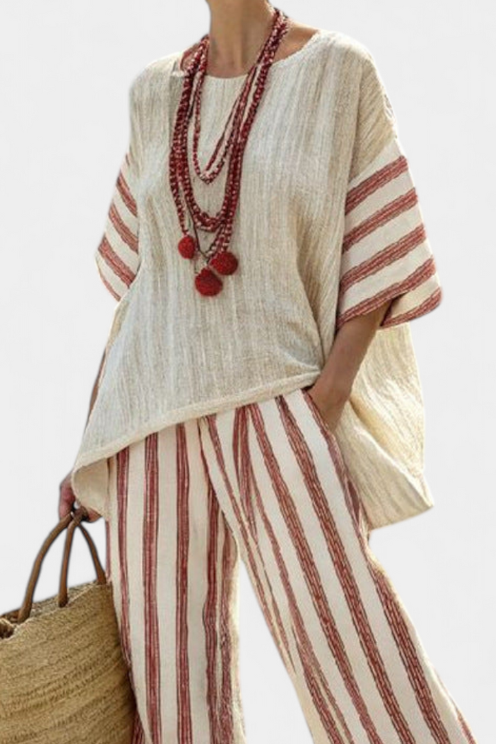 Braelith | Top Striato Rustico Elegante e Pantaloni in Lino Crema