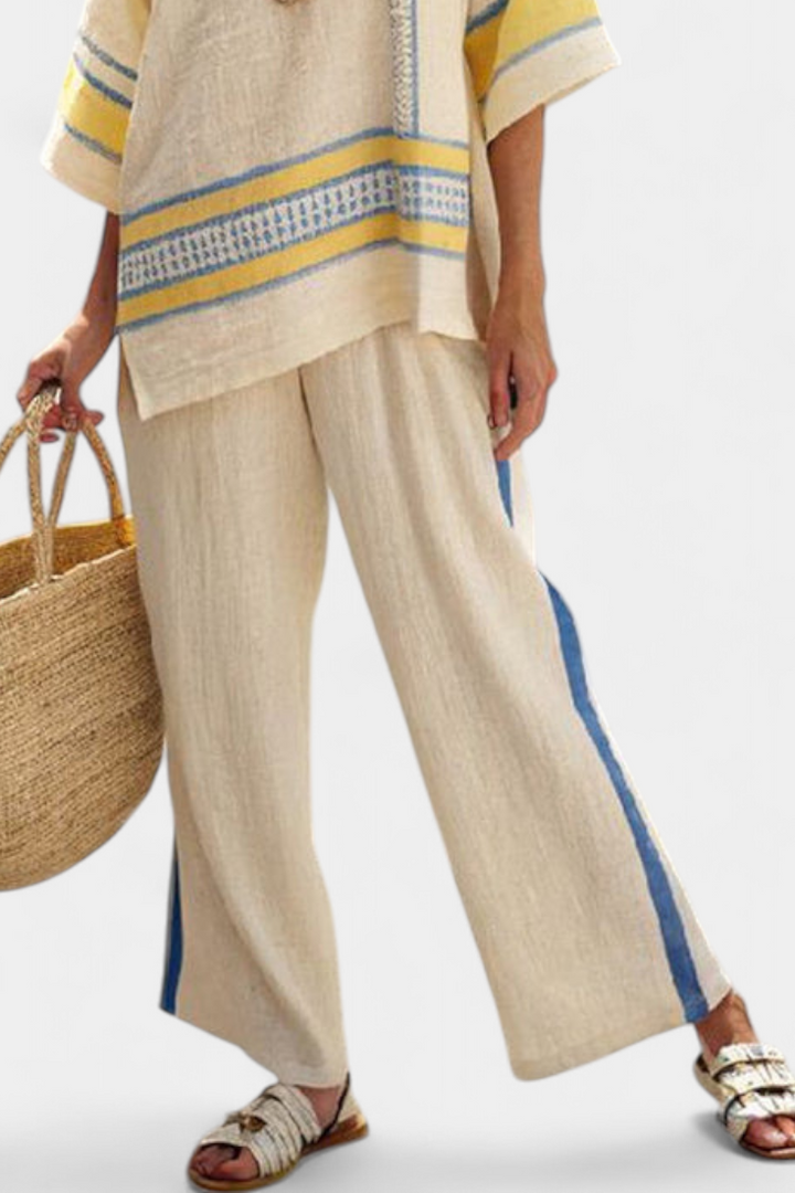 Jaxmere | Comodo Top Mediterraneo Blu-Giallo & Pantaloni in Lino