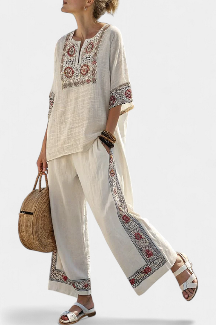 Tameric | Blusa Grezza Ricamata e Pantaloni Ampi