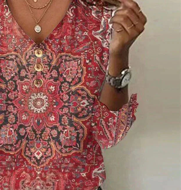 Arabella | Top V-Neck a Manica 3/4 con Stampa Rossa