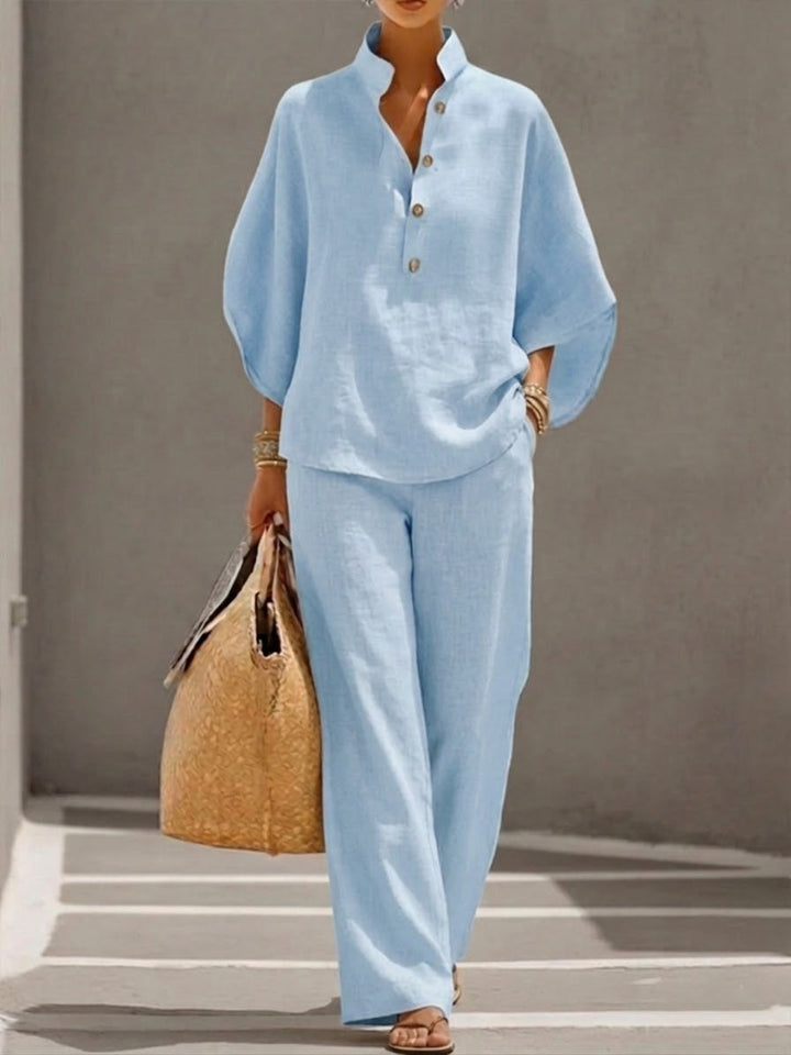 Mariel | Insieme Cotone Lino Maniche a Pipistrello Pantalone Largo